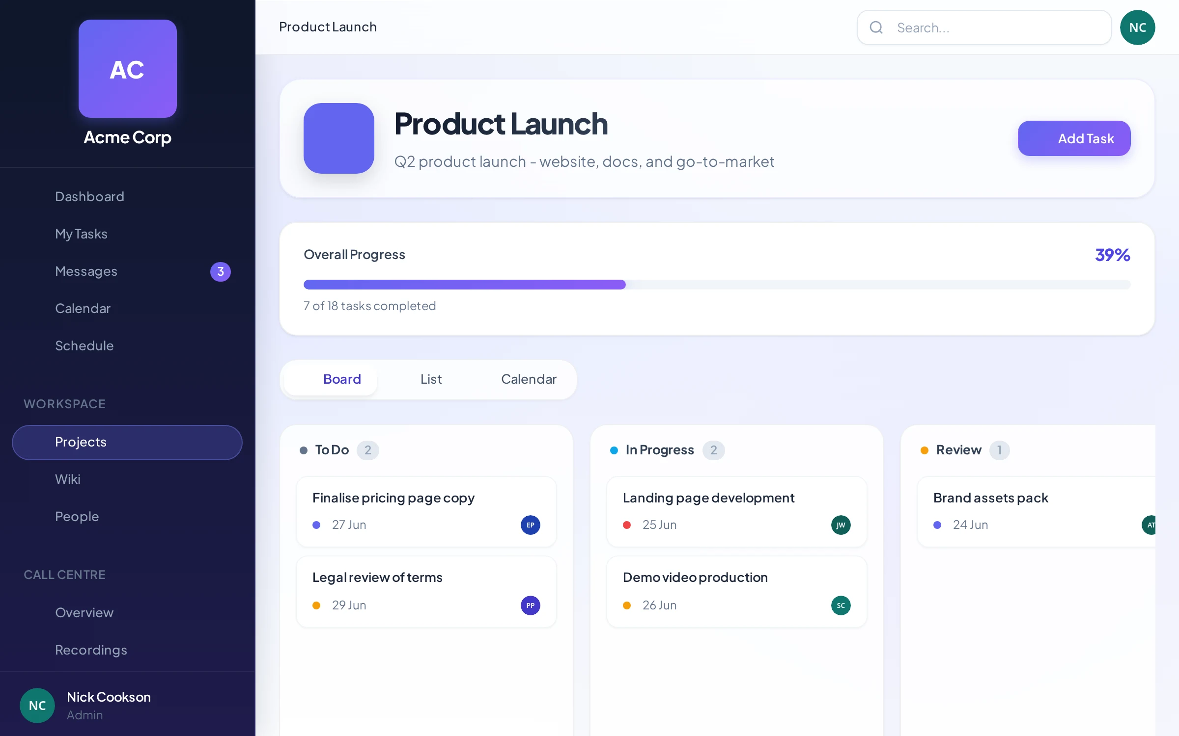 Interlink Digital Workplace projects kanban board view